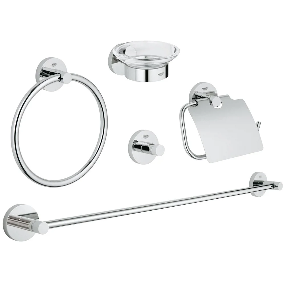 GROHE Essentials Set Accessori Bagno 5-in-1 Cromo 40344001 - Porta Salviette, Porta Bicchiere, Scopino, Porta Sapone, Gancio