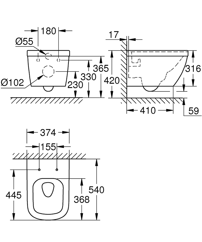 Grohe Euro Ceramic Rimless Wall Hung Toilet with Soft Close Seat