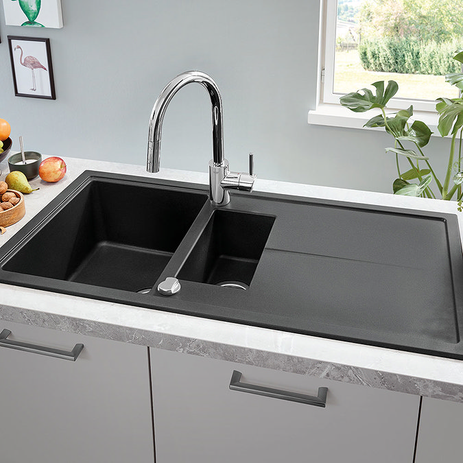 Grohe K400 1.5 Bowl Composite Kitchen Sink with Drainer - Granite Black - 31642AP0 Large Image