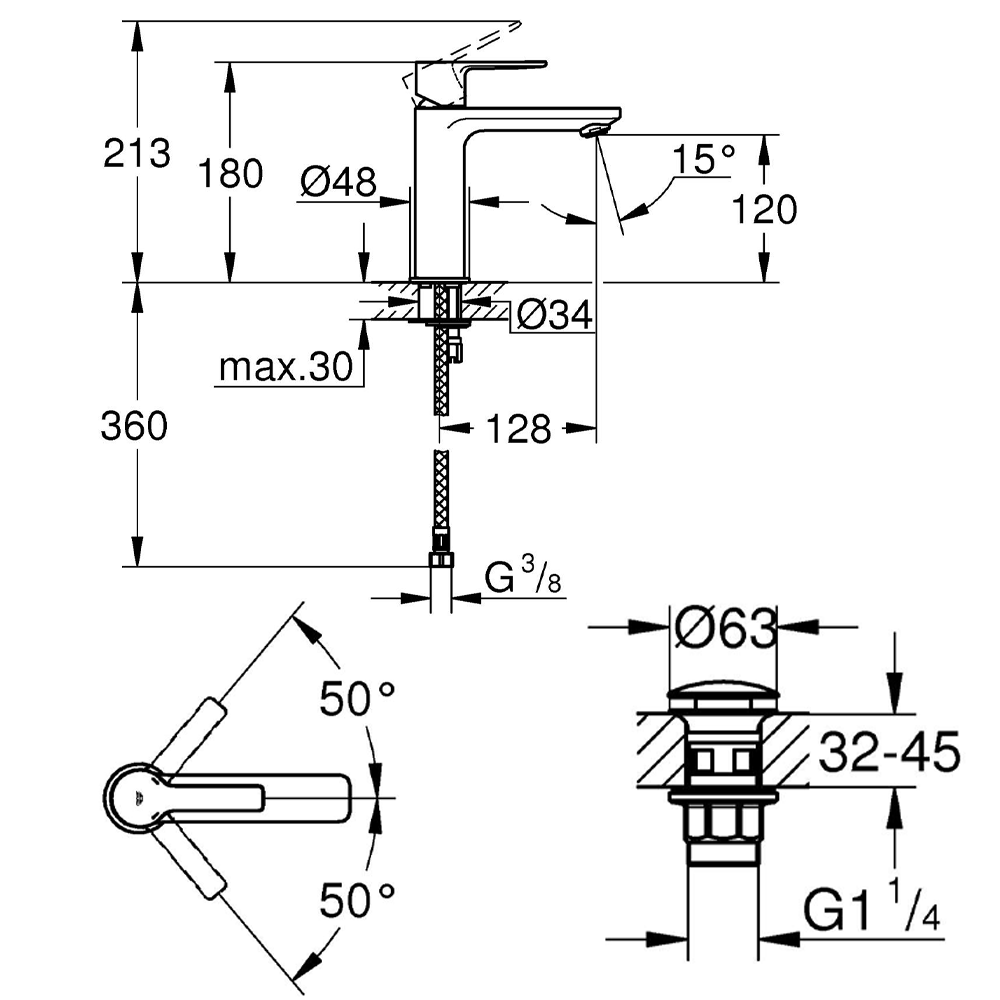 Grohe Lineare S-Size Basin Mixer Tap with Push-Open Waste - Brushed Bronze