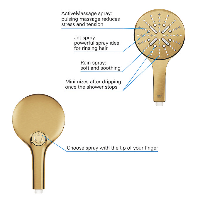 Grohe Rainshower SmartActive 130 Shower Handset with 3 Spray Patterns - Brushed Gold