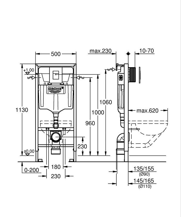 Grohe Rapid SL 3-in-1 set 1.13m Support Frame for Wall Hung WC