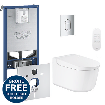 Grohe Rapid SLX 1.13m Frame & Sensia Wall Hung Shower Toilet with Chrome Arena Cosmopolitan Flush Plate