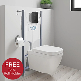 Grohe Solido Even Black Flush Plate / Euro Rimless Ceramic Complete WC Pack + FREE QUICKFIX TOILET ROLL HOLDER