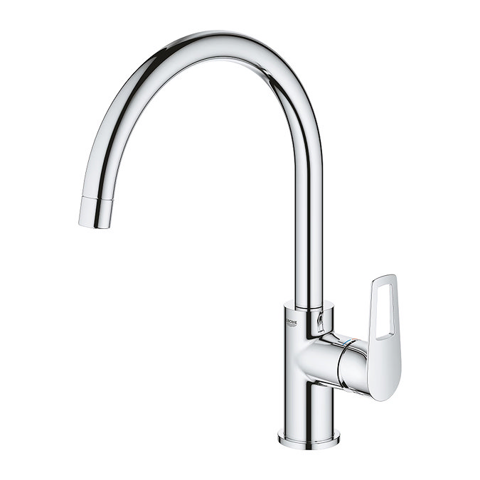 Grohe StartLoop C-spout kitchen mixer tap in chrome with high curved spout and single lever, shown on a white background.