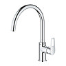 Grohe StartLoop C-spout kitchen mixer tap in chrome with high curved spout and single lever, shown on a white background.