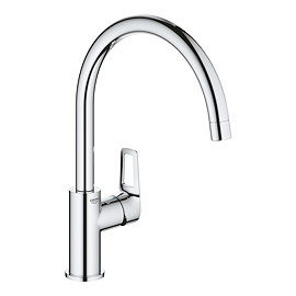 Angled view of the Grohe StartLoop C-spout kitchen mixer tap in chrome showing the high spout and side lever control.