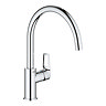 Angled view of the Grohe StartLoop C-spout kitchen mixer tap in chrome showing the high spout and side lever control.