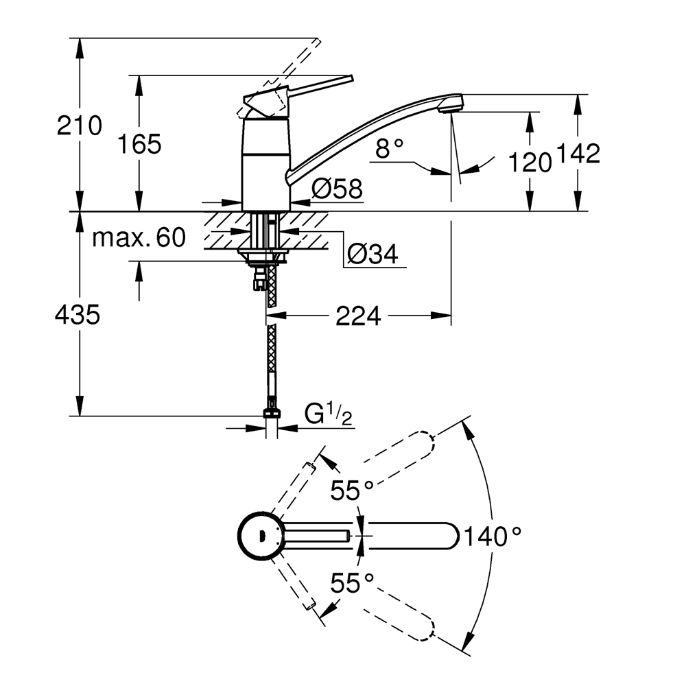 Technical drawing of the Grohe Swift low spout kitchen mixer tap showing dimensions, swivel range, and installation measurements.