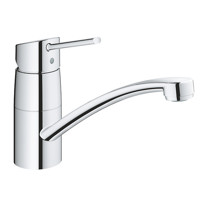 Grohe Swift low spout kitchen mixer tap in chrome with curved spout and single lever, shown on a white background.