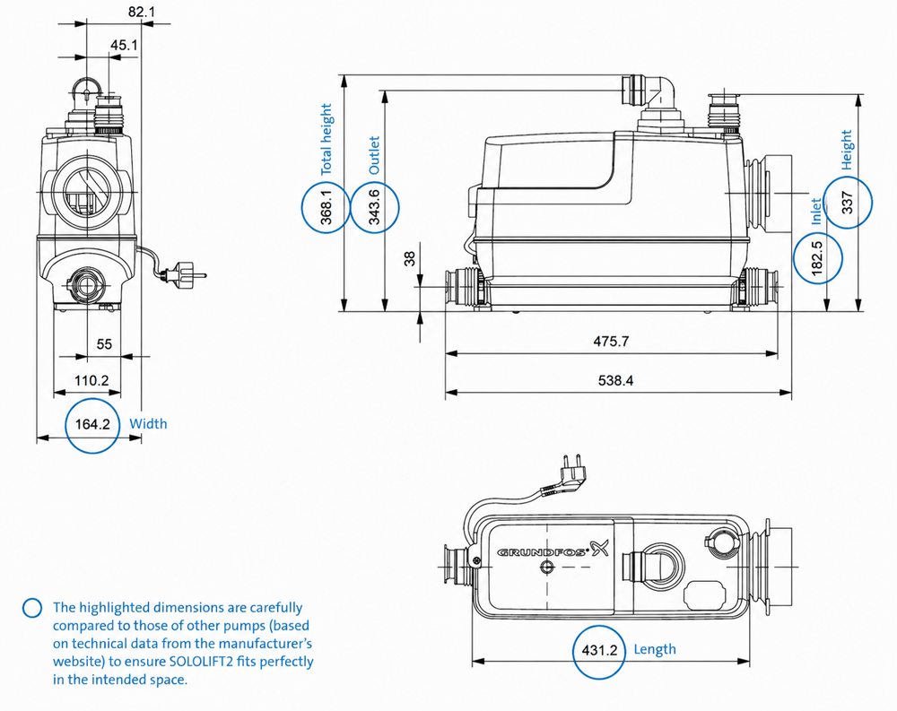 Grundfos SOLOLIFT2 CWC-3 Macerator (Wall Hung Toilet, Shower, Basin, Bidet)