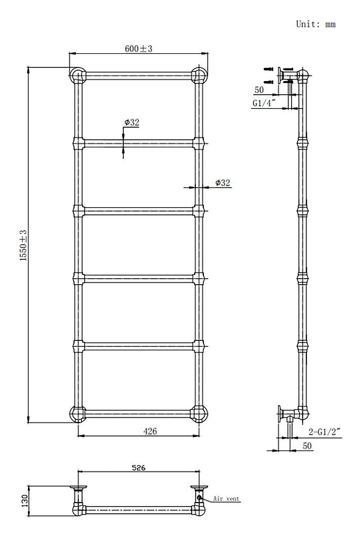 Chatsworth Wall Mounted Towel Rail 1550 x 600mm - Chrome