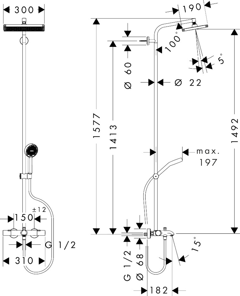 hansgrohe Activera Q Showerpipe EcoSmart with Ecostat Fine Thermostatic Bath Shower Mixer - Matt Black