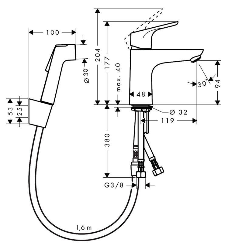 hansgrohe Focus Single Lever Basin Mixer 100 with Bidet Spray and 160cm Shower Hose