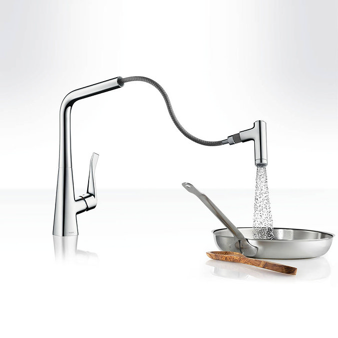 hansgrohe Metris M71 Single Lever Kitchen Mixer 320 with Pull Out Spray - Stainless Steel - 14820800