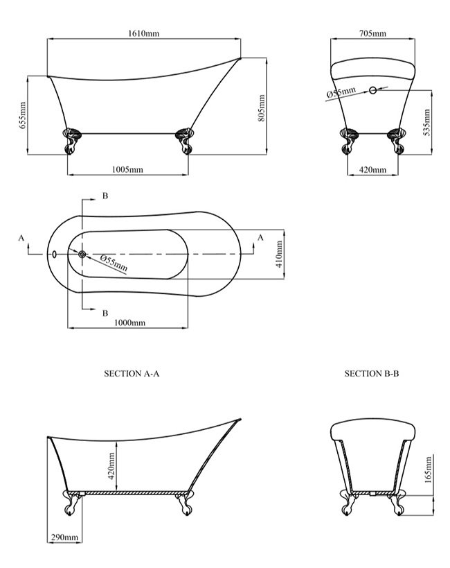 Harlow 1610 x 705mm Slipper Bath + Brushed Brass Leg Set