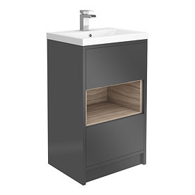 Haywood 500mm Gloss Grey / Driftwood 2 Drawer Vanity Unit with Open Shelf + Ceramic Basin Large Imag