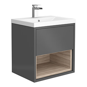 Haywood 500mm Gloss Grey / Driftwood Wall Hung Vanity Unit with Open Shelf + Ceramic Basin Large Ima