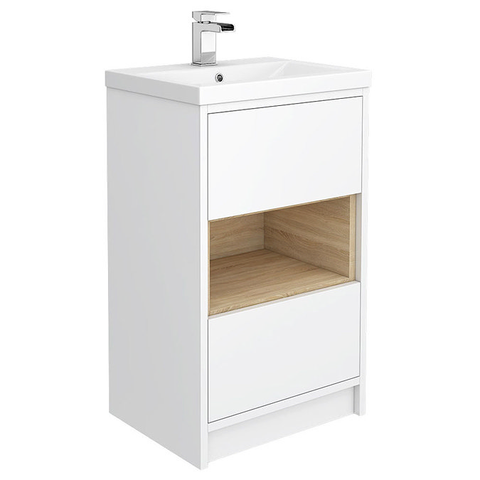 Haywood 500mm Gloss White / Natural Oak 2 Drawer Vanity Unit with Open Shelf + Ceramic Basin Large I