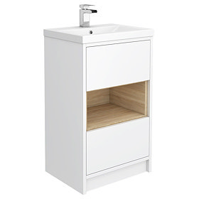 Haywood 500mm Gloss White / Natural Oak 2 Drawer Vanity Unit with Open Shelf + Ceramic Basin Large I