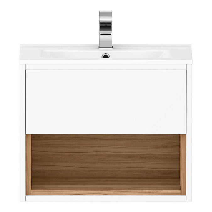 Haywood 500mm Gloss White / Natural Oak Wall Hung Vanity Unit with Open Shelf + Ceramic Basin  In Bathroom Large Image