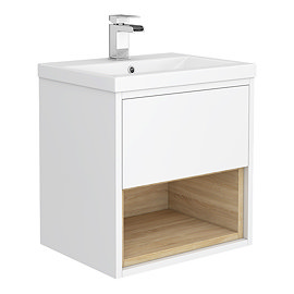 Haywood 500mm Gloss White / Natural Oak Wall Hung Vanity Unit with Open Shelf + Ceramic Basin Large 