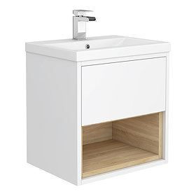 Haywood 500mm Gloss White / Natural Oak Wall Hung Vanity Unit with Open Shelf + Ceramic Basin Large 