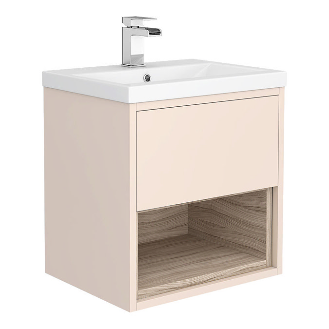 Haywood 500mm Matt Pink / Driftwood Wall Hung Vanity Unit with Open Shelf + Ceramic Basin Large Imag