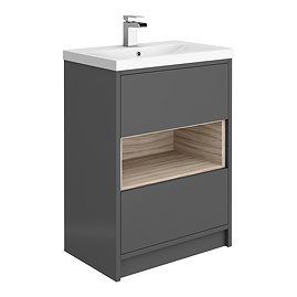 Haywood 600mm Gloss Grey / Driftwood 2 Drawer Vanity Unit with Open Shelf + Ceramic Basin Large Imag