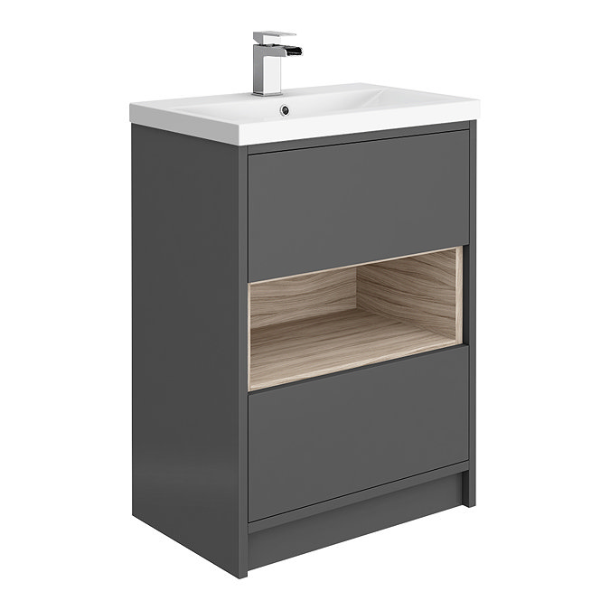 Haywood 600mm Gloss Grey / Driftwood 2 Drawer Vanity Unit with Open Shelf + Ceramic Basin Large Imag