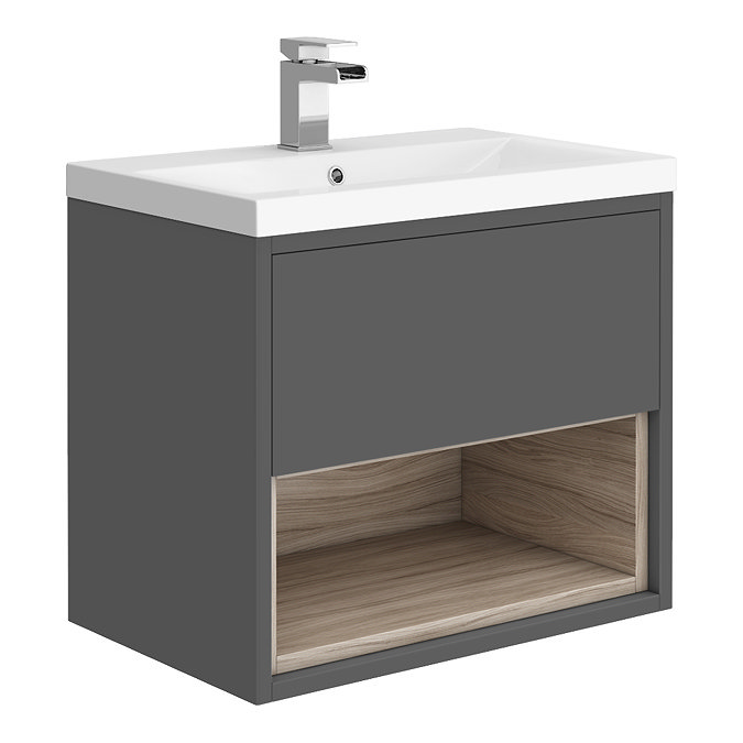 Haywood 600mm Gloss Grey / Driftwood Wall Hung Vanity Unit with Open Shelf + Ceramic Basin Large Ima