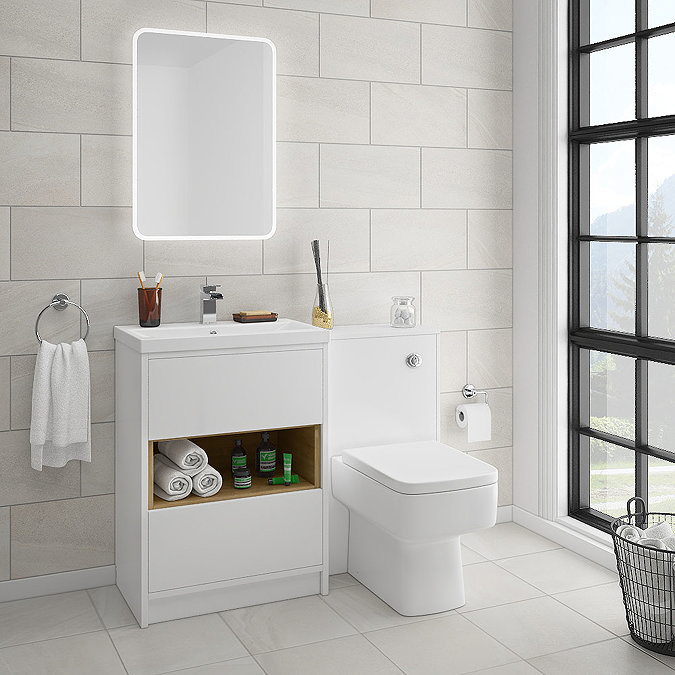 Haywood 600mm Gloss White / Natural Oak 2 Drawer Vanity Unit with Open Shelf + Ceramic Basin Featur