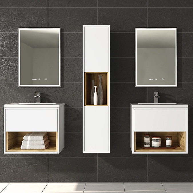 Haywood 600mm Gloss White / Natural Oak Wall Hung Vanity Unit with Open Shelf + Ceramic Basin Featu