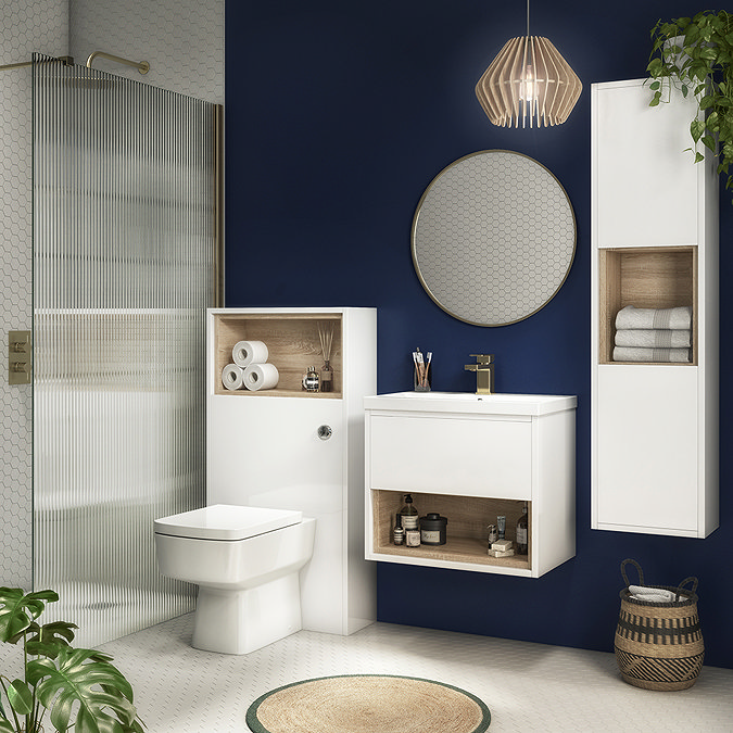 Haywood 600mm Gloss White / Natural Oak Wall Hung Vanity Unit with Open Shelf + Ceramic Basin In Bathroom Large Image