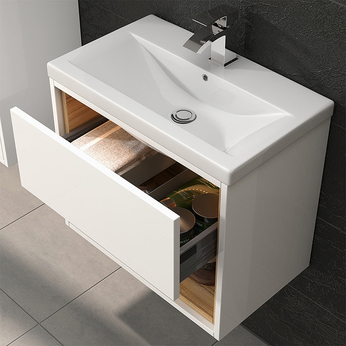 Haywood 600mm Gloss White / Natural Oak Wall Hung Vanity Unit with Open Shelf + Ceramic Basin  Stand