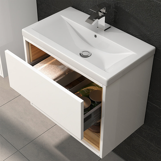 Haywood 600mm Gloss White / Natural Oak Wall Hung Vanity Unit with Open Shelf + Ceramic Basin Stand