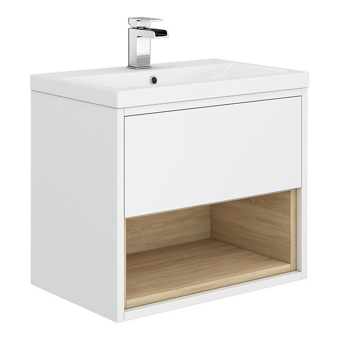 Haywood 600mm Gloss White / Natural Oak Wall Hung Vanity Unit with Open Shelf + Ceramic Basin Large 