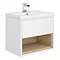 Haywood 600mm Gloss White / Natural Oak Wall Hung Vanity Unit with Open Shelf + Ceramic Basin Large