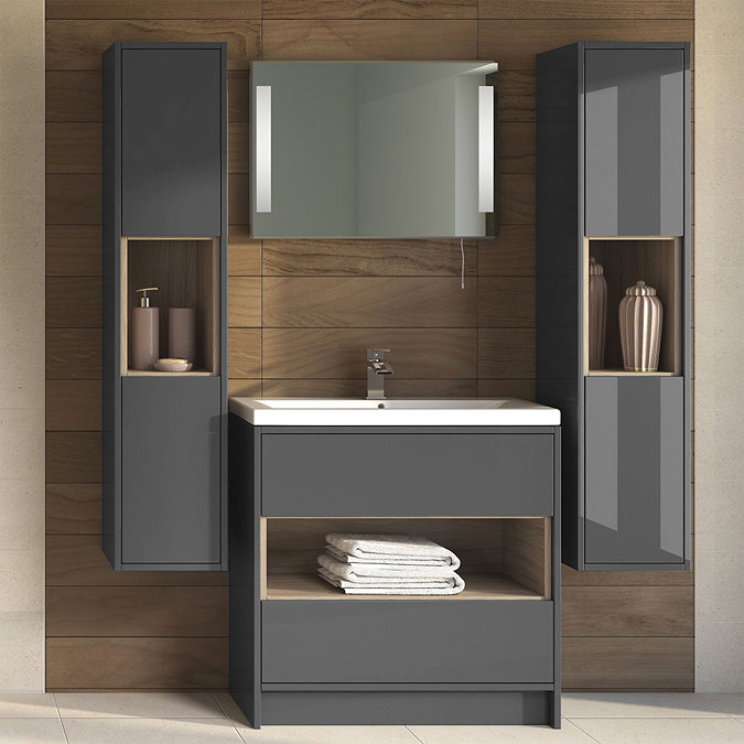 Haywood 800mm Gloss Grey / Driftwood 2 Drawer Vanity Unit with Open Shelf + Ceramic Basin Feature Large Image