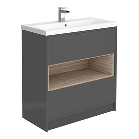 Haywood 800mm Gloss Grey / Driftwood 2 Drawer Vanity Unit with Open Shelf + Ceramic Basin Large Imag