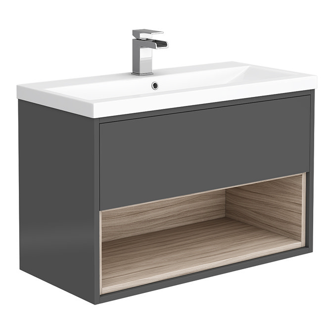 Haywood 800mm Gloss Grey / Driftwood Wall Hung Vanity Unit with Open Shelf + Ceramic Basin Large Ima