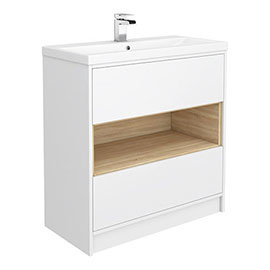 Haywood 800mm Gloss White / Natural Oak 2 Drawer Vanity Unit with Open Shelf + Ceramic Basin Medium 