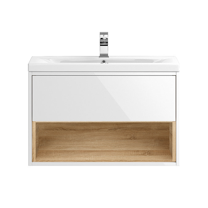 Haywood 800mm Gloss White / Natural Oak Wall Hung Vanity Unit with Open Shelf + Ceramic Basin Featu
