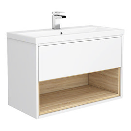 Haywood 800mm Gloss White / Natural Oak Wall Hung Vanity Unit with Open Shelf + Ceramic Basin Large 