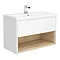 Haywood 800mm Gloss White / Natural Oak Wall Hung Vanity Unit with Open Shelf + Ceramic Basin Large
