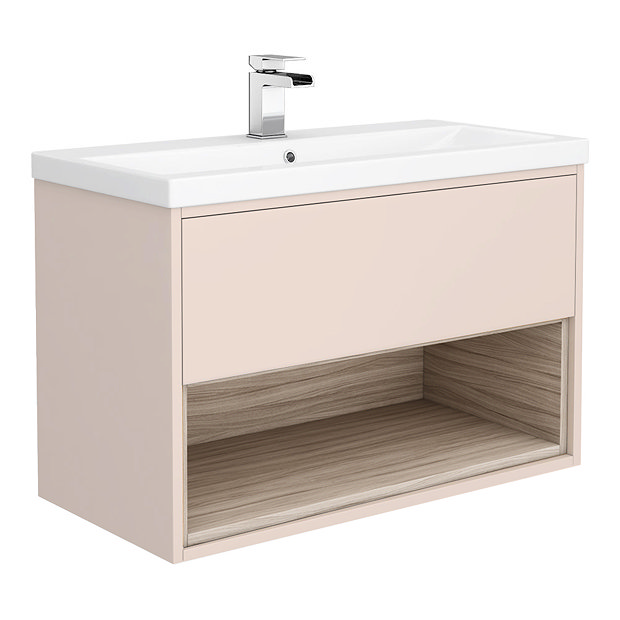 Haywood 800mm Matt Pink / Driftwood Wall Hung Vanity Unit with Open Shelf + Ceramic Basin