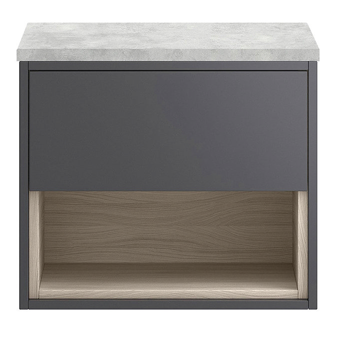 Haywood Gloss Grey / Driftwood Wall Hung Countertop Vanity - 600mm w. Open Shelf + Bellato Grey Worktop  Profile Large Image