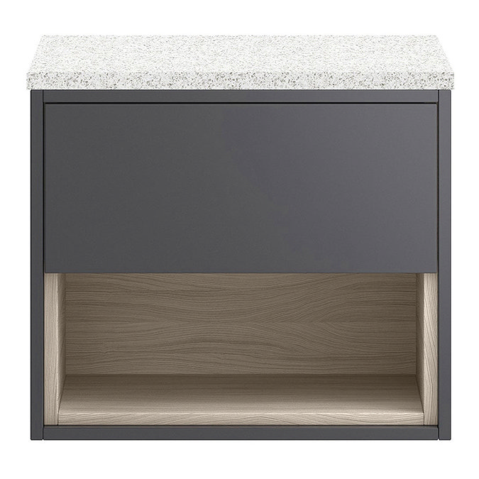 Haywood Gloss Grey / Driftwood Wall Hung Countertop Vanity - 600mm w. Open Shelf + White Worktop  Profile Large Image