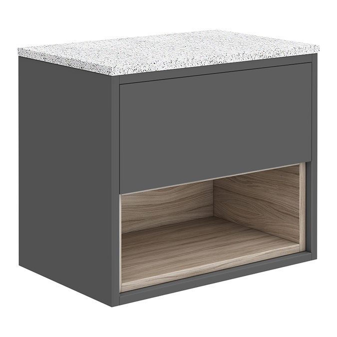 Haywood Gloss Grey / Driftwood Wall Hung Countertop Vanity - 600mm w. Open Shelf + White Worktop Lar