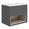 Haywood Gloss Grey / Driftwood Wall Hung Countertop Vanity - 600mm w. Open Shelf + White Worktop Lar